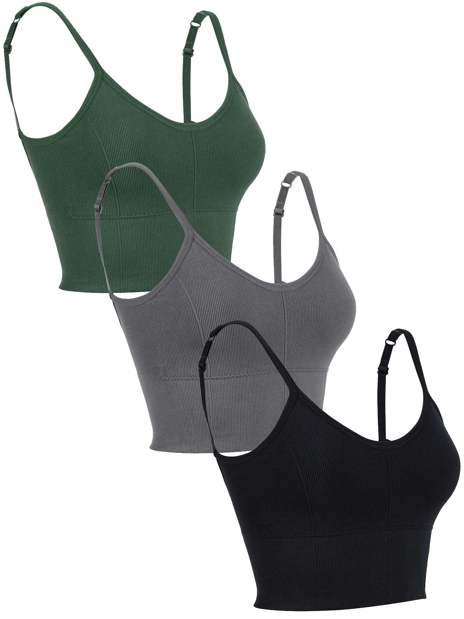 Gustave 3 Pack Women Cami Bras Seamless Padded Yoga Bralettes Wirefree Workout Sports Bra Comfort Camisole Spaghetti Strap Crop Tops "Black/Gray/Green"