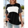 thumbnail image 4 of Womens Summer Oversized 2025 Crewneck Casual Color Block Striped Shirts Blouses Black M, 4 of 9