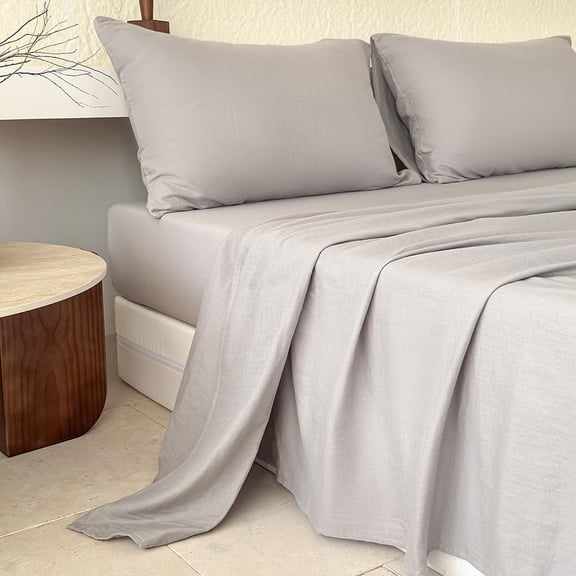 Muslin Cotton Sheet Set 4‑Pieces, Queen Size Gray, 2‑Layer Washed Gauze, Linen‑Feel, Deep Pocket For Bedroom Use