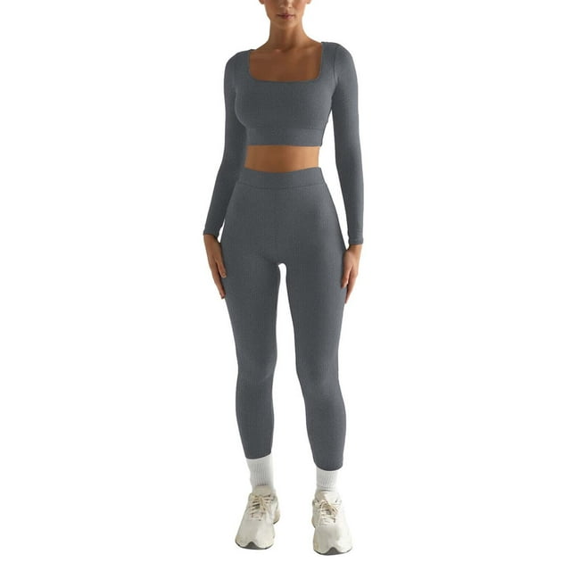 Conjunto de yoga de 2 piezas para mujer: top de manga larga con cuello cuadrado de color liso y pantalones deportivos, ropa deportiva ajustada