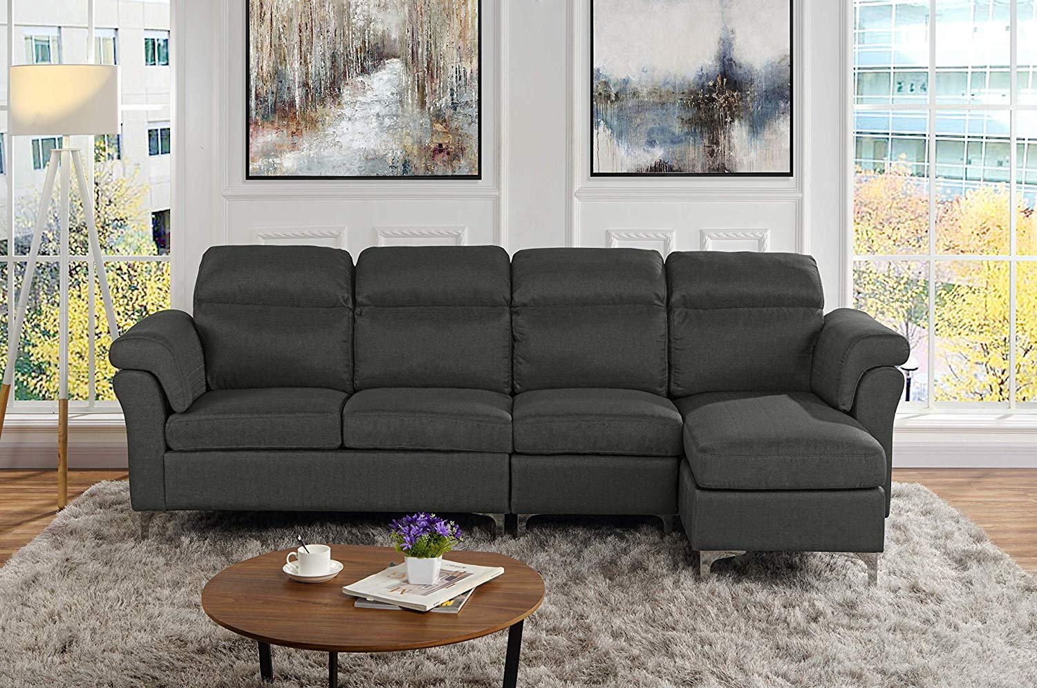 Modern Linen Fabric Large Sectional Sofa, LShape Couch (Dark Grey