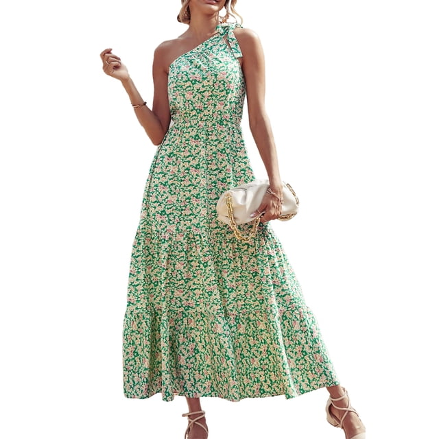 Vestido PRETTYGARDEN midi floral con nudo y un hombro