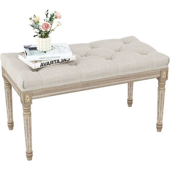 Upholstered Bench,Bedroom Bench for End of Bed,Piano Bench Dining Bench Entryway Shoe Bench with Button Tufted Padded Seat for Living Room, Vanity Bench Foot-Stool with Carved Wood Legs,Beige