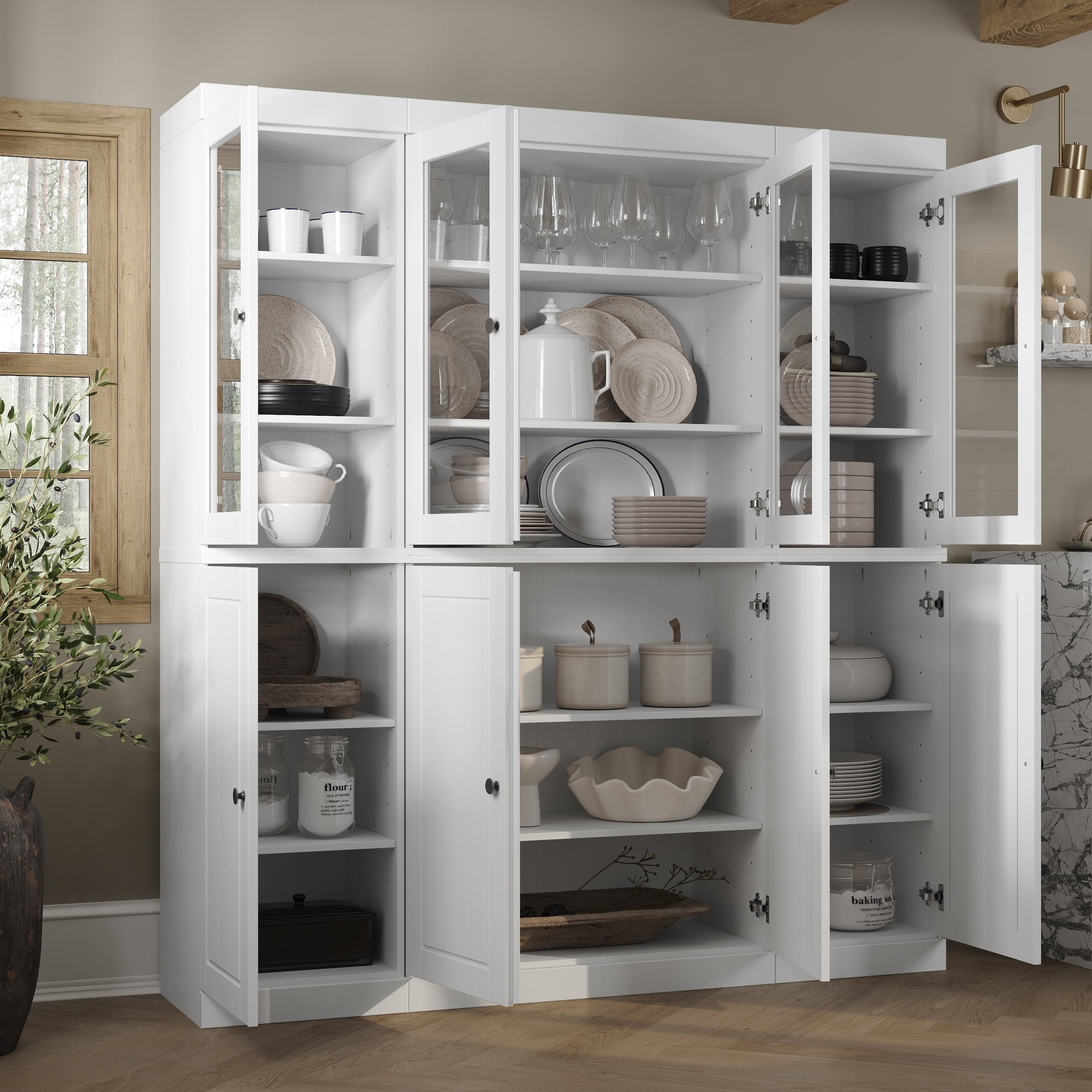 Palace Imports 100% Solid Wood Kitchen Pantry Storage Cabinet with Glass Doors and Adjustable Shelves, White