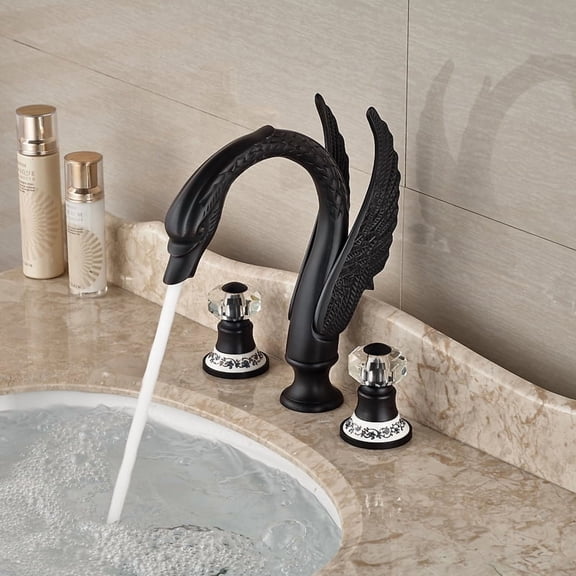 Amiens Swan Shape Cristal & Ceramic Handles Basin Sink Mixer Faucet Deck Mount Brass Hot Cold Water Taps