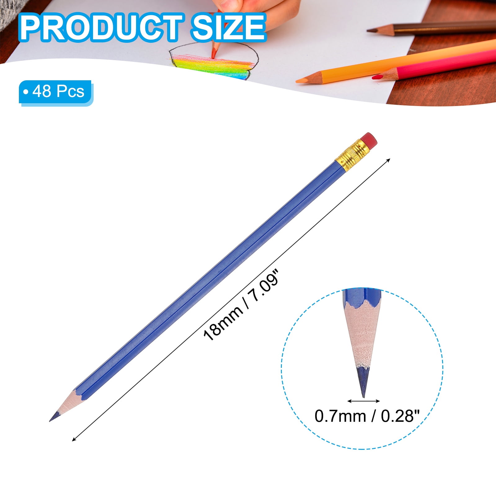 Uxcell Erasable Colored Pencils, 48 Pcs Oil Color Pencils with Erasers Hexagonal Rod Wooden Colored Pencils for Tests Marking Grading Art Painting, Dark Blue