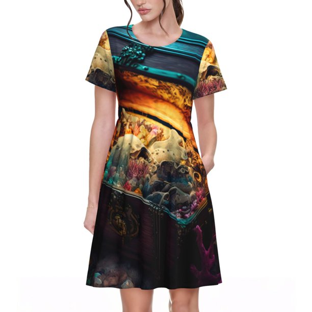 Easygdp Underwater Treasure Chest para Vestido Transpirable de Mujer, Vestido Suelto de Manga Corta con Pliegues y Bolsillos para el Verano