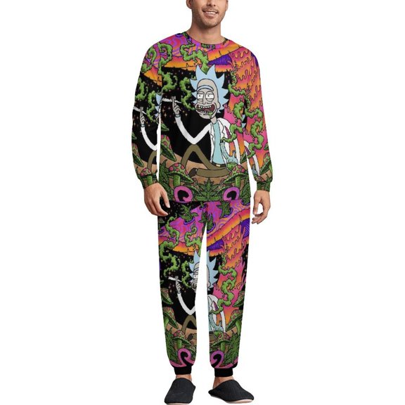 Rick And Morty Men's Lounge Pajamas Set 2-Piece Crew Neck Sleepwear Soft Long Sleeve Top & Pants for Sleep, Home & Vacation S