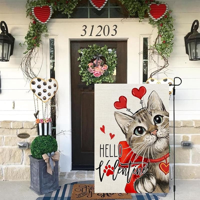 Valentines Day Cat Garden Flag Hello Valentine Double Sided for Outside Small Burlap Red Holiday Yard Decoration