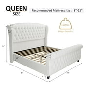 VanAcc Queen Size Frame, Chenille Upholstered Sleigh Bed Frame with Scroll Wingback Headboard & Footboard/Button Tufted/No Box Spring Required/Cream