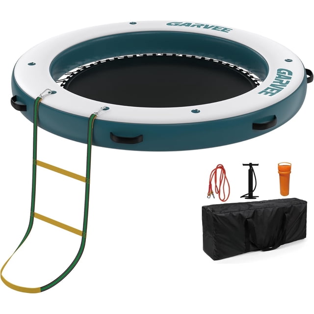 Bingirl PeakPersuit 8x8FT Round Inflatable Floating Dock: Water Platform with Mesh Swim Area, Non - Slip EVA Platform, and Rope Ladder (For Boats, Pools, Lakes, Beaches, Oceans)