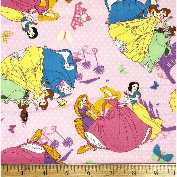 1 Fat Quarter - Disney Princess on Pink Polka Dot Cotton Fabric - Snow White Cinderella Belle & More - 18" X 21"
