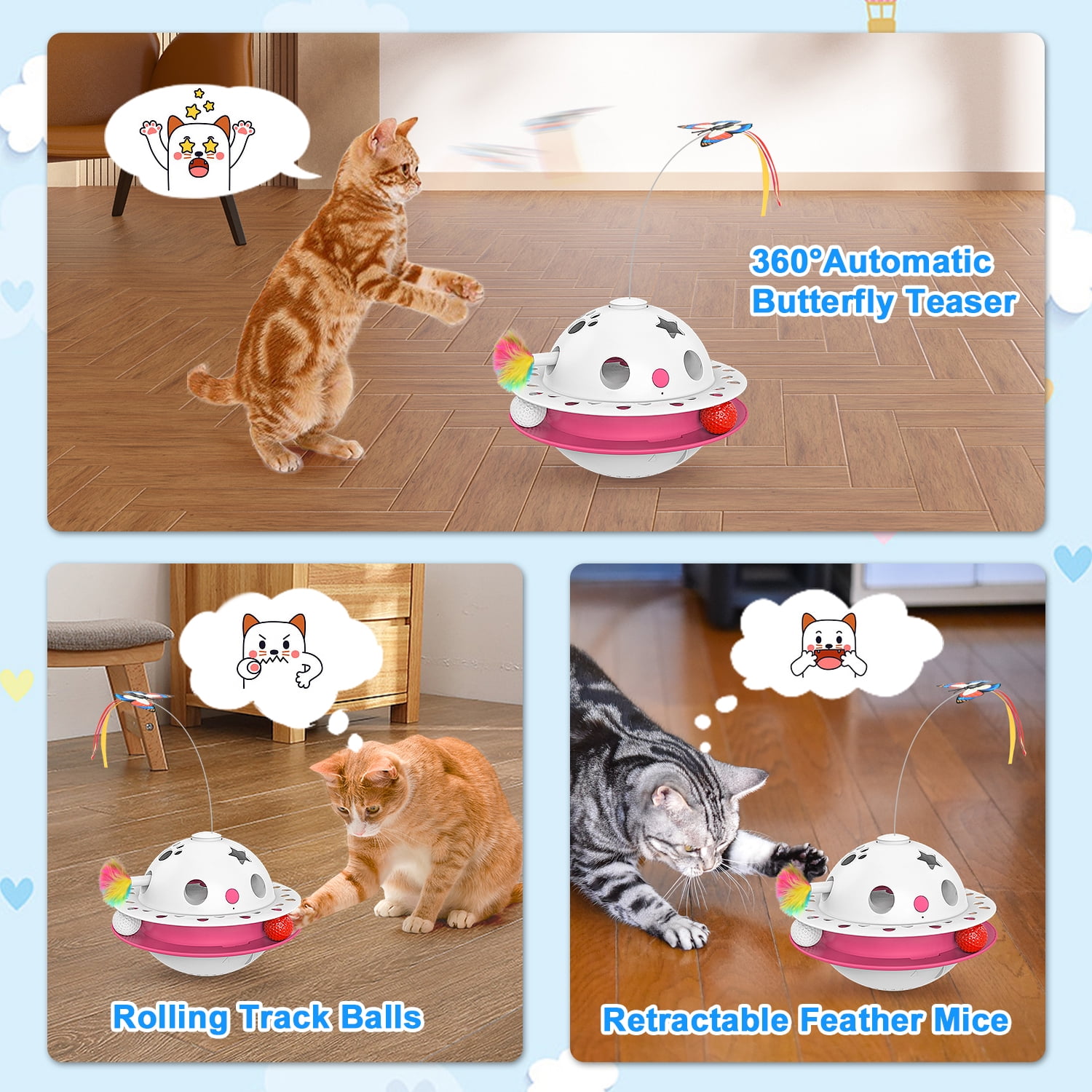 ZZHY Direct 3-in-1 Interactive Cat Toy with Fluttering Butterfly, Ambush Feather & Balls - Automatic Electric Tumbler, Dual Power, Auto on/off for Indoor Cats