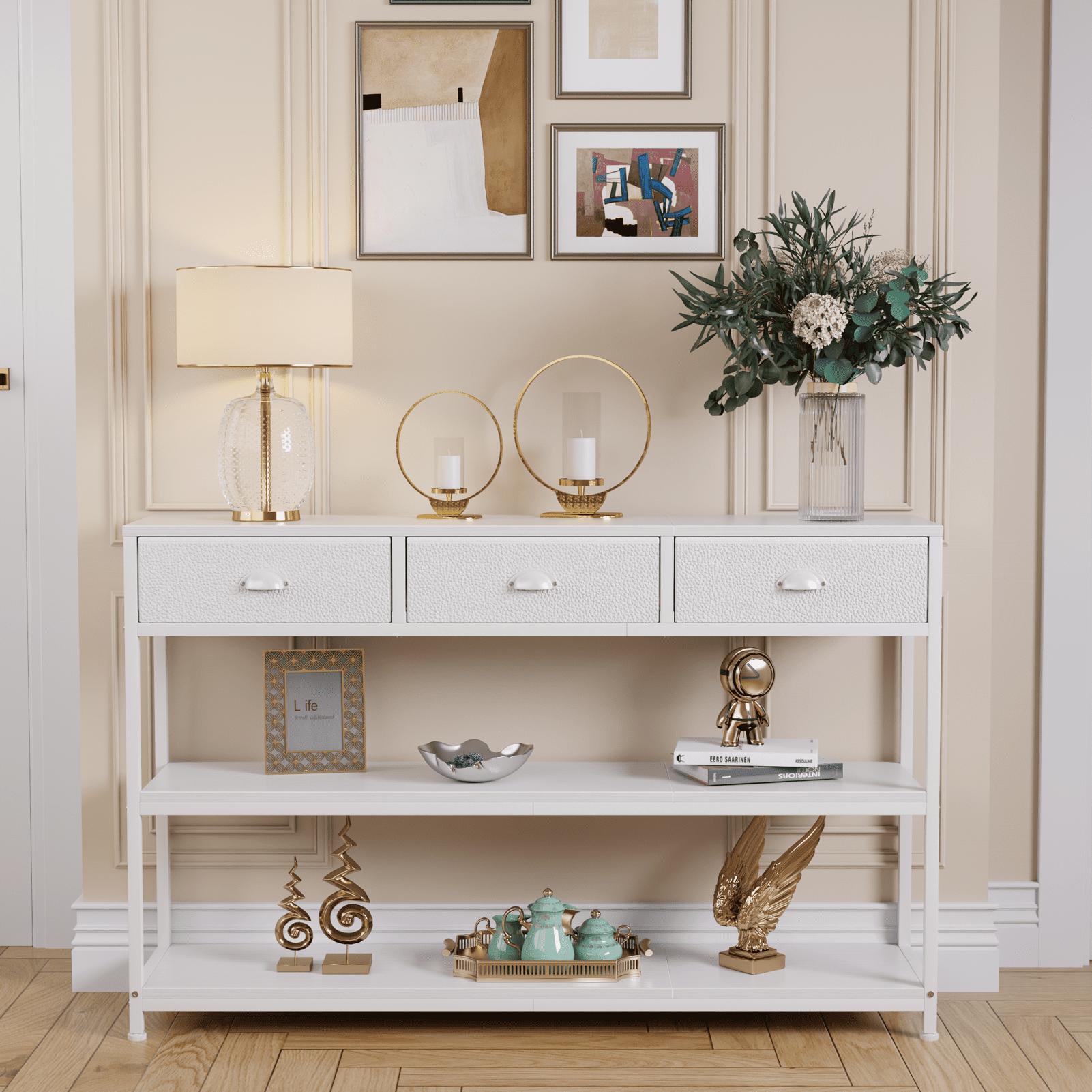 Satifur 47" Entryway Table with 3 Fabric Drawers, Console Table Metal Frame Sofa Table with 2 Shelves for Living Room and Hallway, White