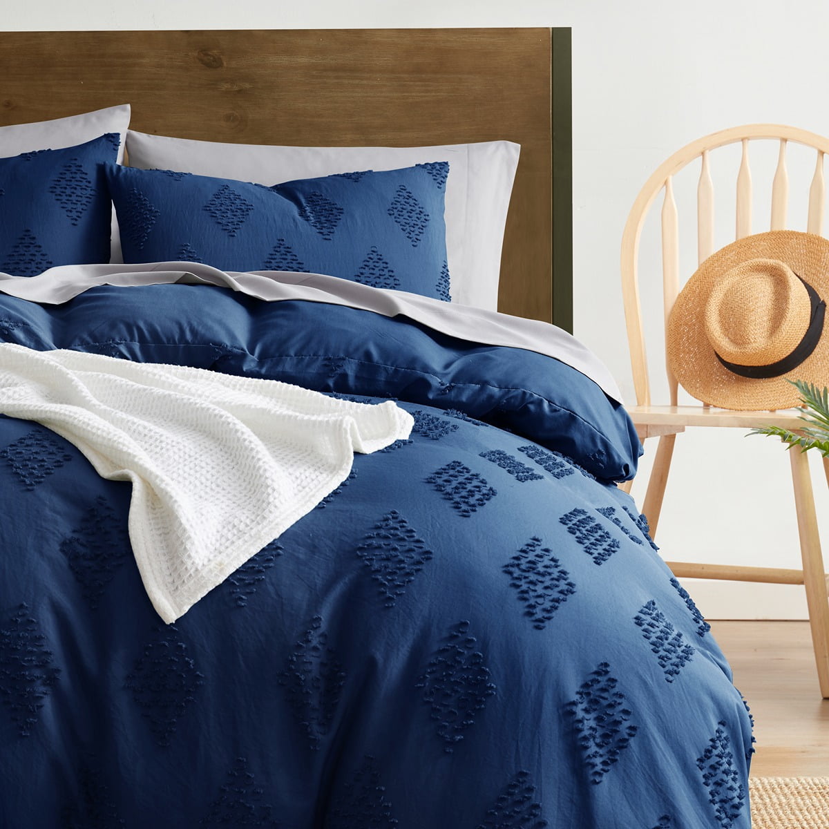 Nestl Boho 3 Piece Duvet Cover Set, Tufted Embroidery Double Brushed Duvet Cover with Button Closure with 2 Pillow Shams, Queen (90"x90") - Navy