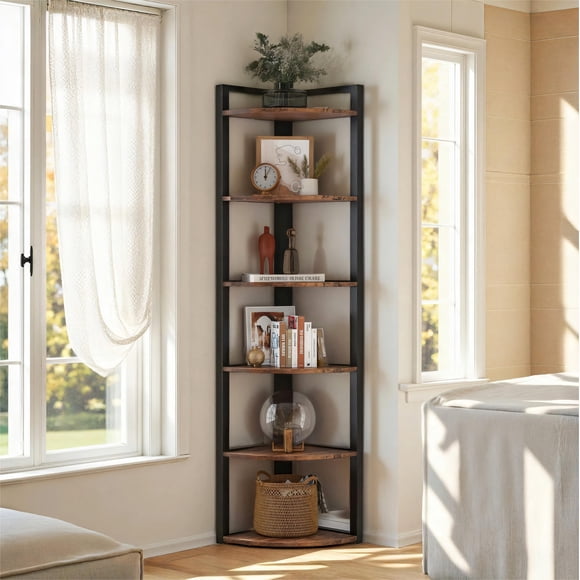 Fnova Étagère d'Angle à 6 Niveaux de 70,9 Pouces, Bibliothèque d'Angle Rustique, Étagère de Rangement Compacte pour Salon, Bureau à Domicile, Cuisine