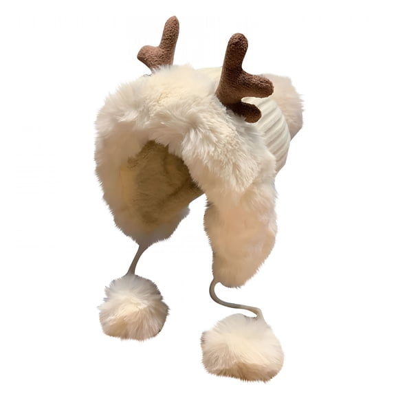 TELOLY 2026 New Winter Cute Reindeer Antlers Beanies Funny Animal Fuzzy Furry Plush Cap Windproof Earflap Skull Hat Christmas Gifts