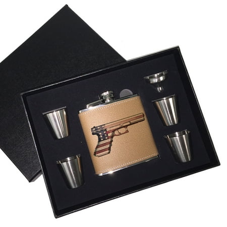 - KuzmarK 6 oz. Leather Flask Set in Black Presentation Box - American Flag Gun Rights