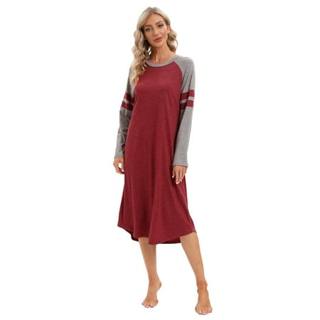 

Baywell Nightgowns for Women Sleepshirt Raglan Long Sleeve Pajama Shirt Soft Sleep Dress Striped Loungewear Nightshirt Red S-2XL