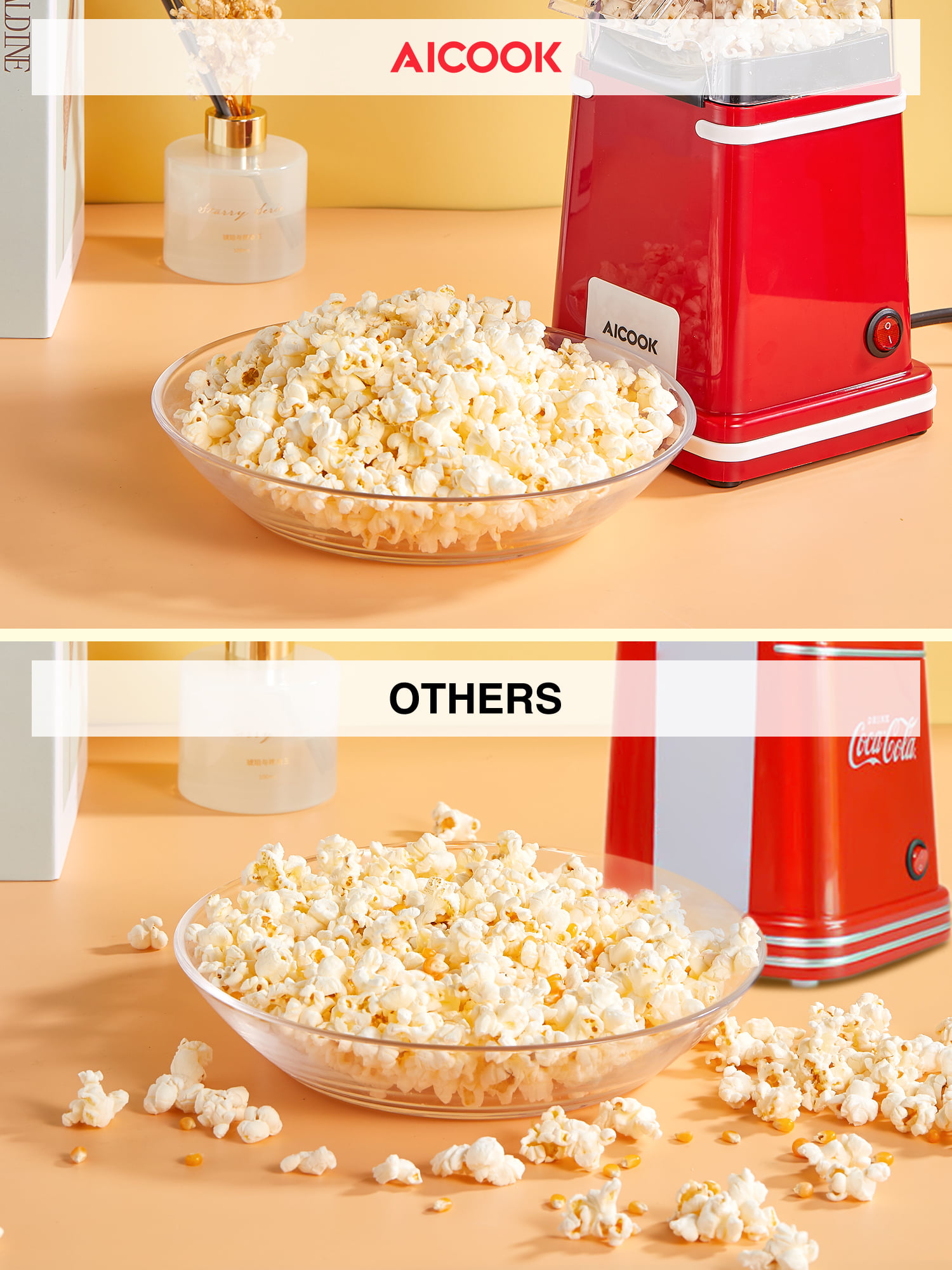 AICOOK Retro Hot Air Popcorn Maker, 1200W Fat-Free Popcorn Machine, Red 