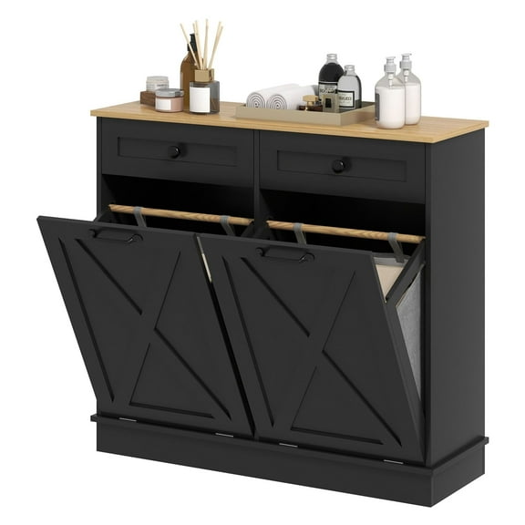 Laundry Hamper Cabinet, Bathroom Storage - Tilt Out Baskets & Drawers, Black