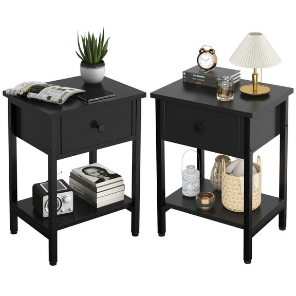 Black Nightstand Set Of 2 With 1 Drawer And Open Shelf Wood Metal Bedside Tables For Bedroom