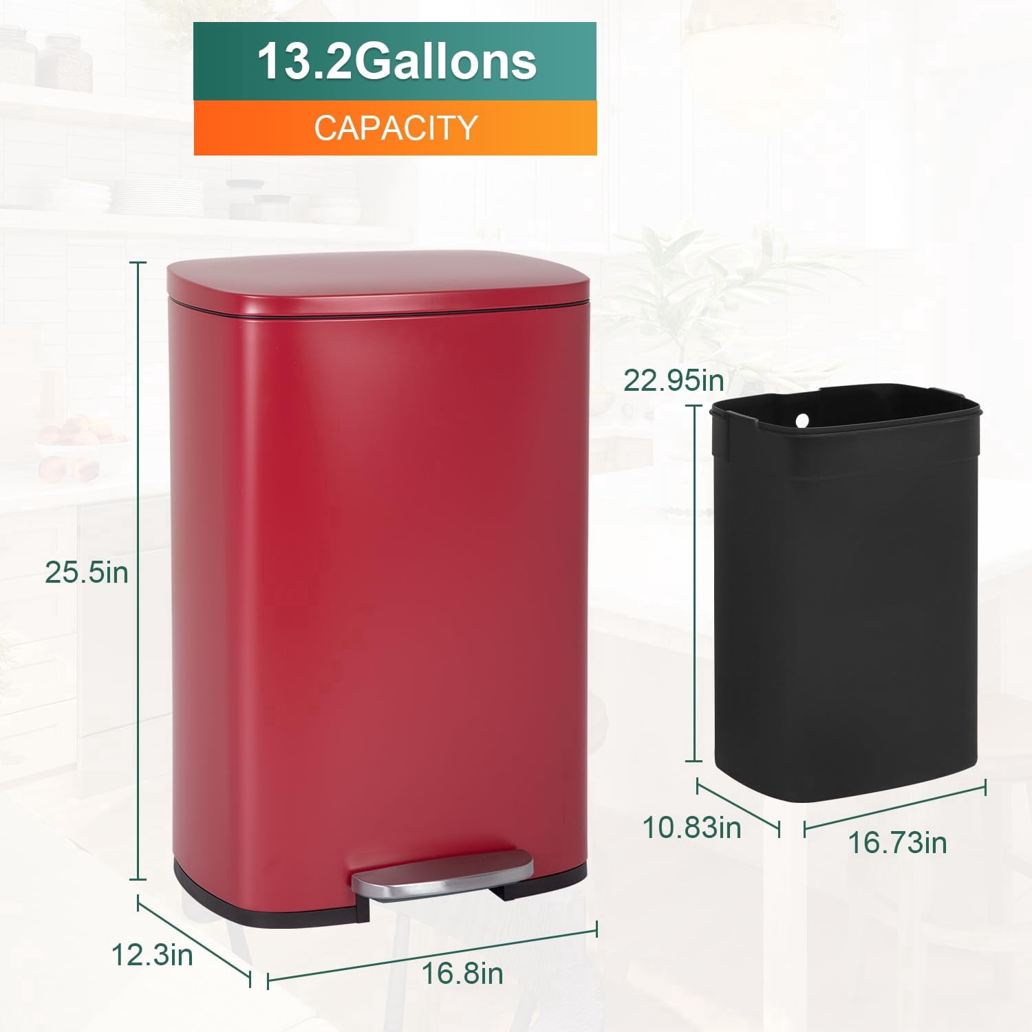PayLessHere 13Gal Red Trash Can - Stainless Steel w/Foot Pedal & Soft Close