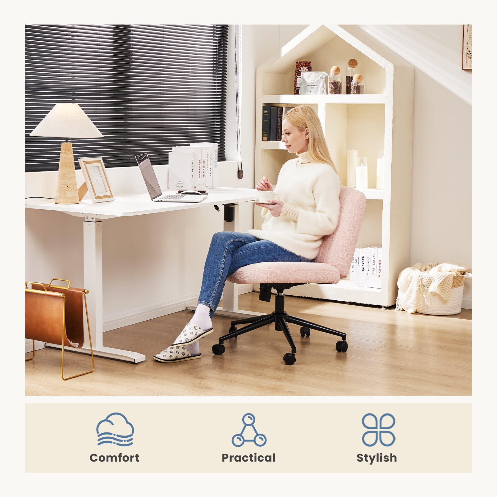 EDX Armless Office Chair Criss Cross Legged Chair with Wheels, Comfy Home Dressing Chairs, Pink