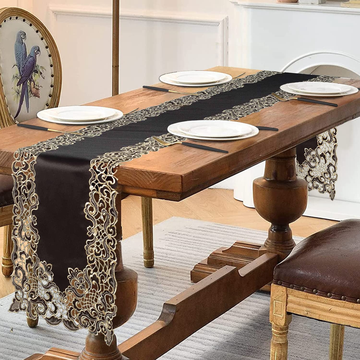 Gold Lace Black Table Runner - Dresser Scarf European Embroidery - Perfect for Kitchen Dining Room Home Decor Wedding Receptions - 14 x 108 inches - The Granada Collection