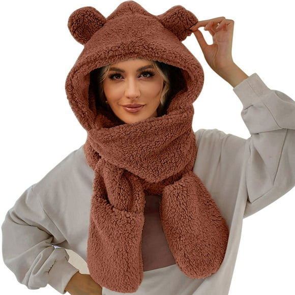 FADAACAI Bear Scarf,Winter Cute Bear Ear Warm Hat Women Plush Earflap Hat Windproof Cap Hat with Ears and Hood Hat Scarf 2 In 1 Hooded Scarf for Women,Scarf Hat,Beanie Hat Scarf Clearance!