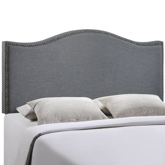Modern Contemporary Queen Size Nailhead Upholstered Headboard, Grey Fabric