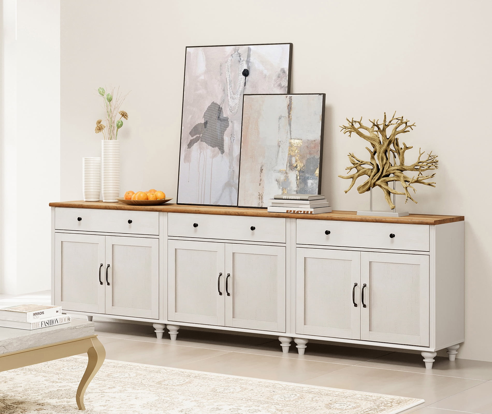 Credenza & Sideboard with 6 Doors & 4 Drawers, 101 Inch Modern Farmhouse Large Coffee Bar Buffet Cabinet, White Wooden Kitchen Storage Cabinet for Dining Room