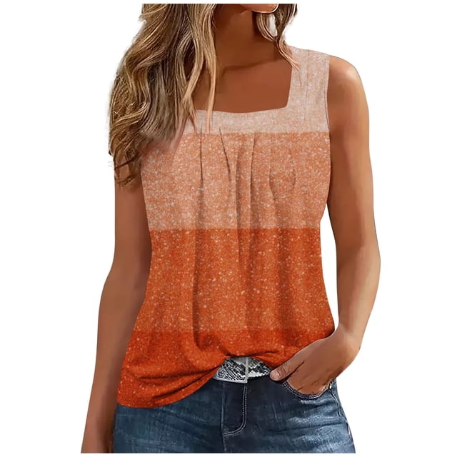 UPPADA Womens Square Collar Tank Top Ruffled Color Block Striped Tank Tees Summer Casual Loose Fit Sleeveless Shirt Square Neck Tank Top Casual Flowy Beach Tops Womens Clearance Tops Orange,XXL
