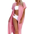 thumbnail image 4 of Women Swimsuit Cover Up Dress Short Sleeve Side Split Button Down Long Shirt Dress Cardigan Maxi Beach Dress, 4 of 9