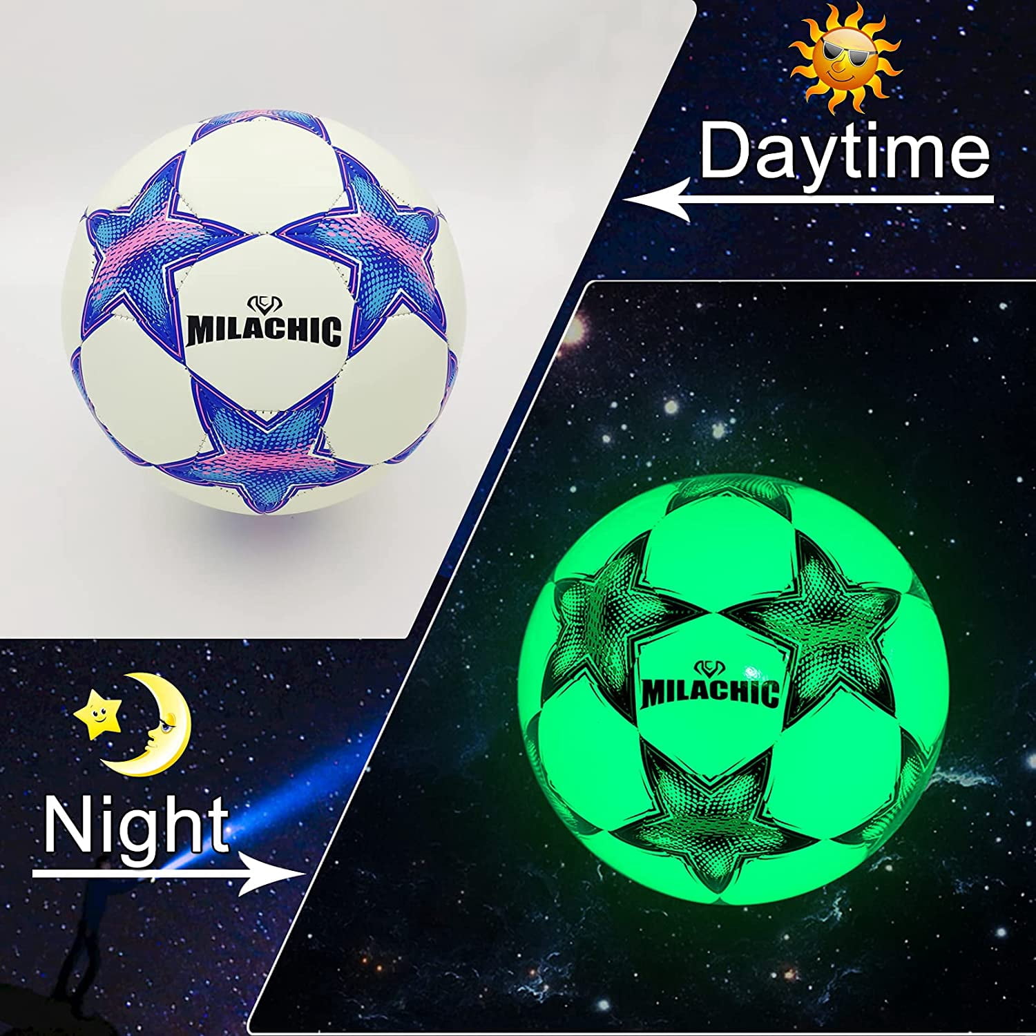 Soccer Ball, Glow in The Dark Soccer Ball Size 3 / 4 / 5, MILA CHIC Glowing Luminious Soccer Balls Gifts for Boys, Girls, Men, Women Indoor-Outdoor Soccer Training (with Pump)