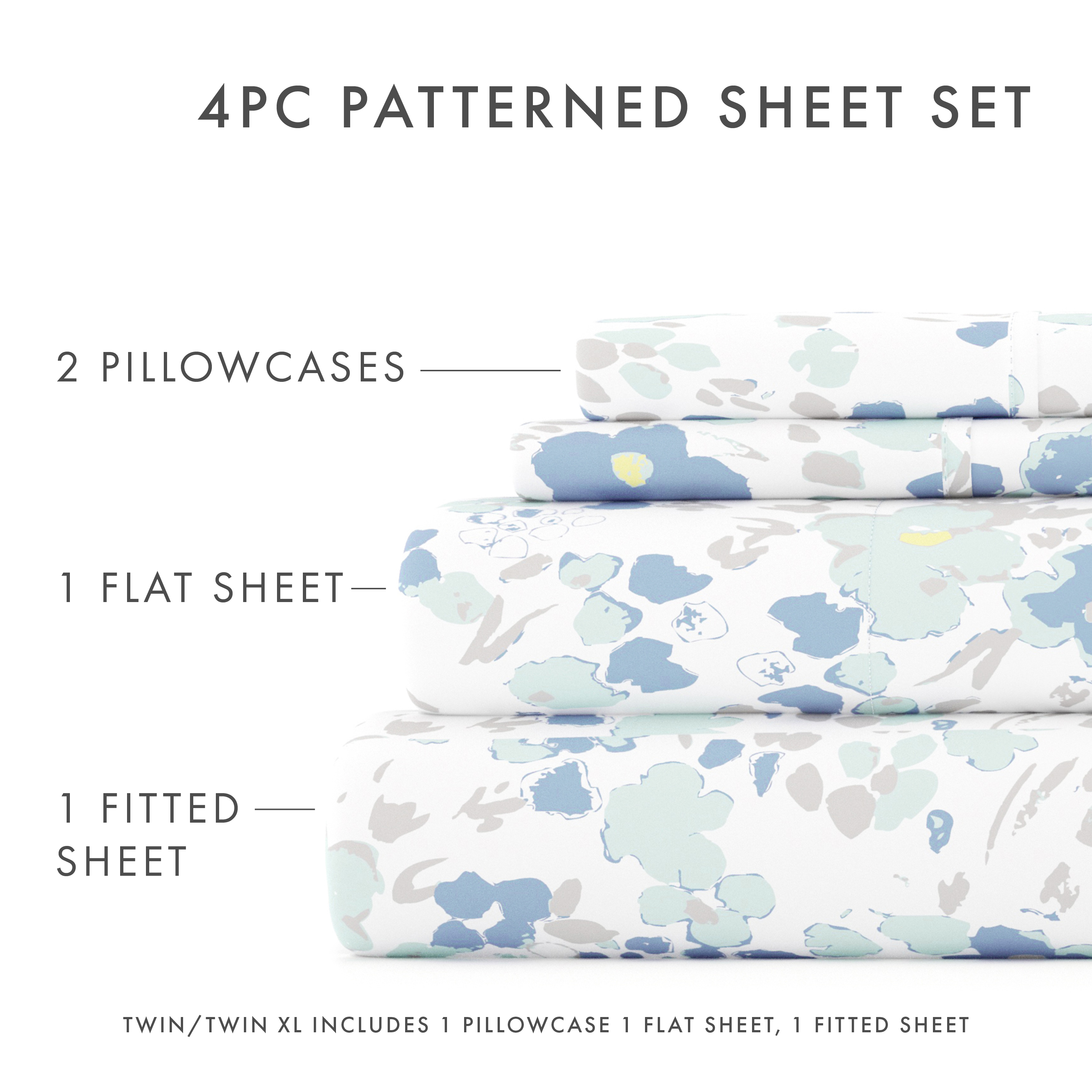 Noble Linens 4 Piece Pattern Microfiber Bed Sheets Set, Light Blue Violets, California King