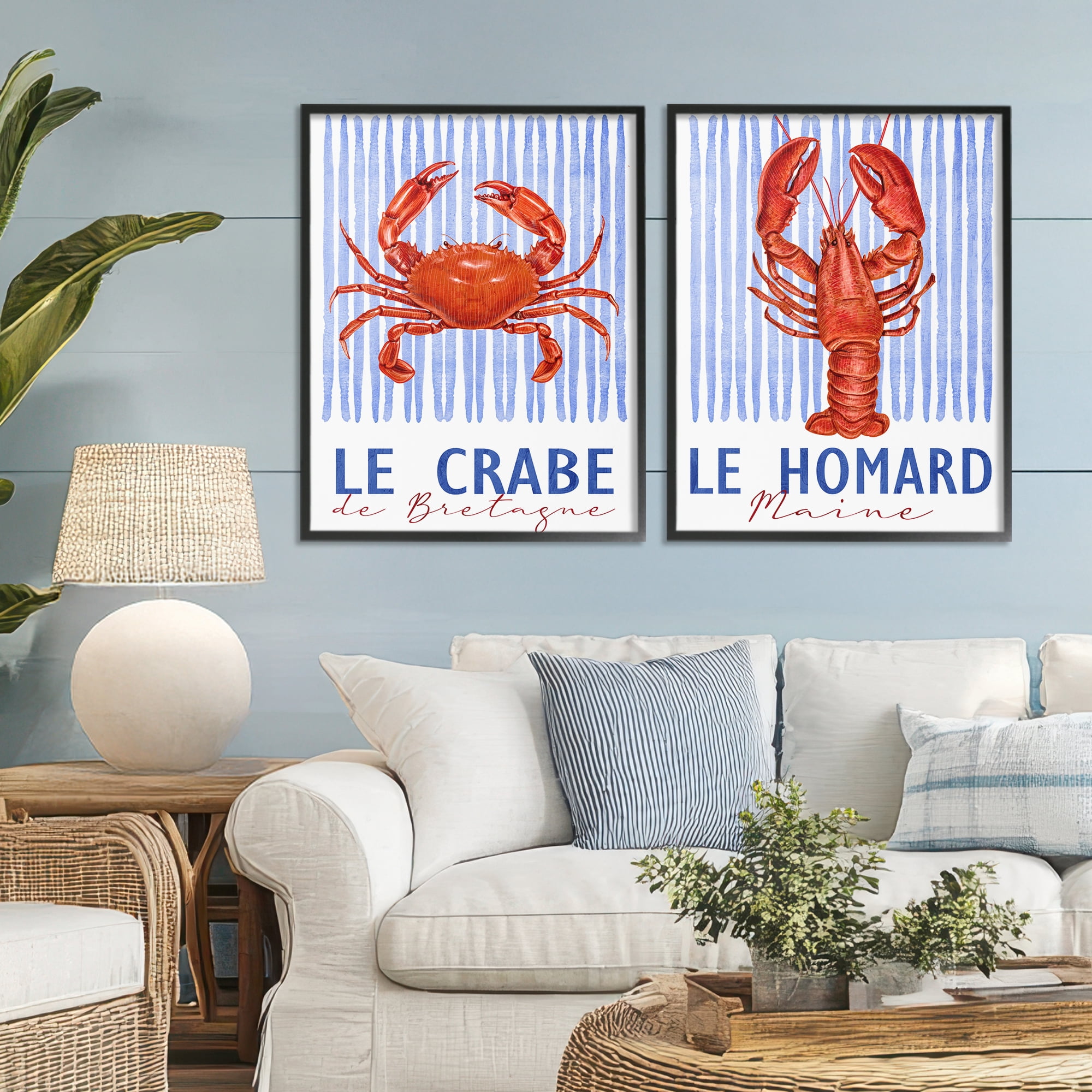Stupell Industries Nautical Stripes Sea Creatures 2 Piece Black Framed Giclee Art Set, design by Kim Allen