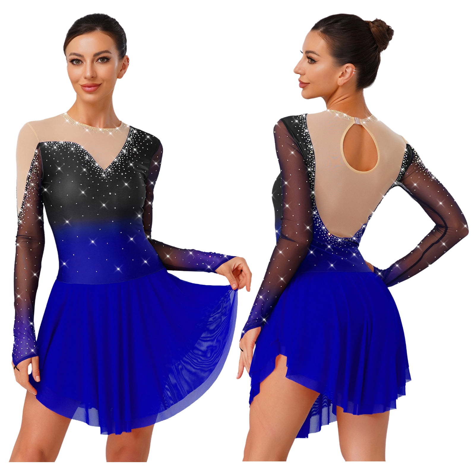 iiniim Womens Glittery Figure Skating Gradient Dress Gymnastics Active Costume Royal Blue XL