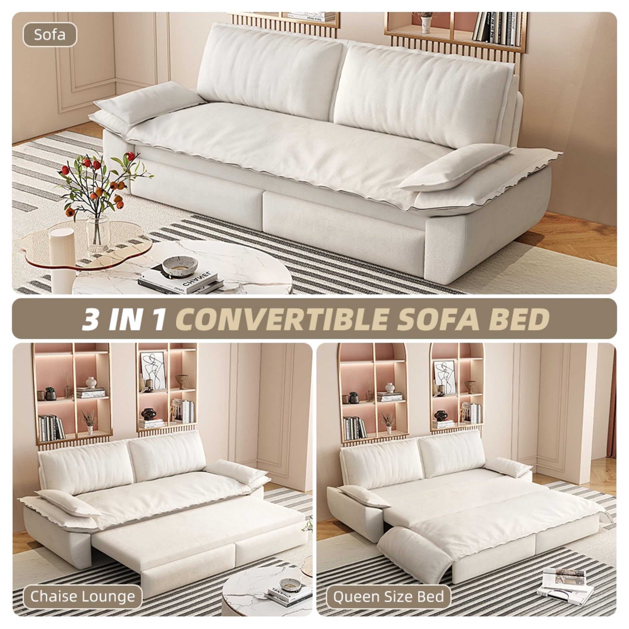 Noble House Cersie Velvet Pull-Out Loveseat Sofa Bed, Multifunctional 3-in-1 Convertible Queen Sleeper Couch, Beige White