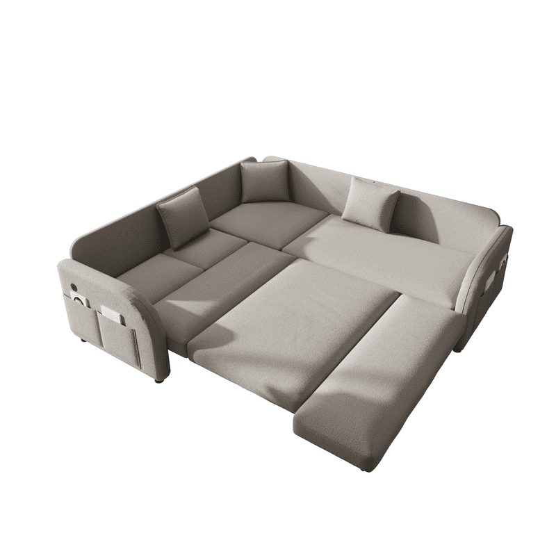 85.1" L-Shaped Sleeper Sofa with Pull Out Bed, Convertible Sectional Sofa Couch with USB Charging Port & Side Pocket, Sherpa Fleece Upholstered Sofa Bed, Oversized 5-Seat Sofa for Living Room