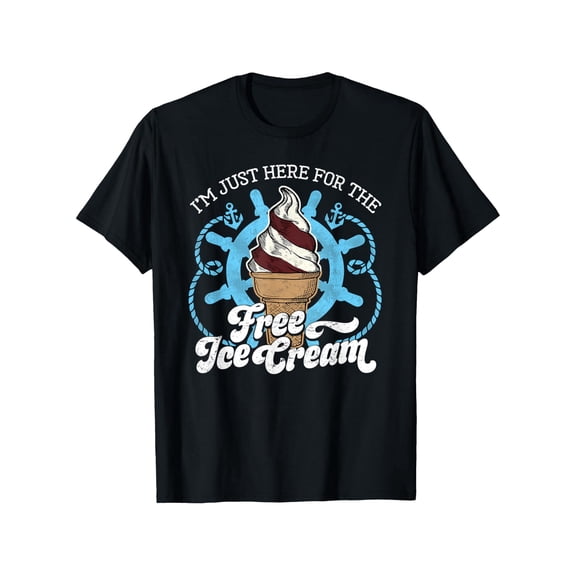 [Everyday Comfort] I'm Just Here for the Free Ice Cream Funny Graphic T-Shirt - Unisex Casual Round Neck Short Sleeve, 100% Cotton, S-XXXL, Black with Colorful Ice Cream Design,