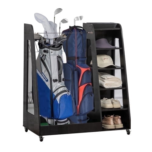 Thanaddo  Wooden Golf Bag Organizer Heavy-Duty Storage Rack Fits 2 Golf Bags 1-pack, Black