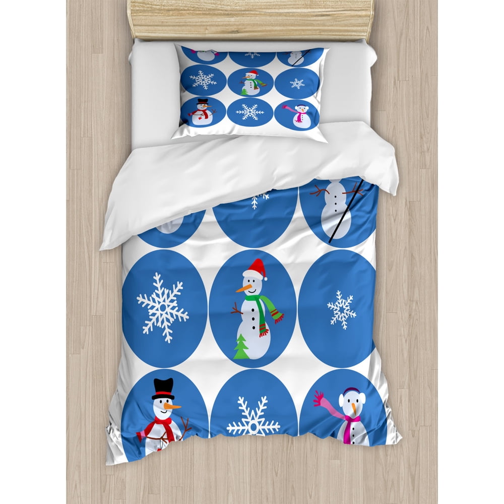 Snowman Duvet Cover Set, Arrangement of Rounds with Different Snowmen