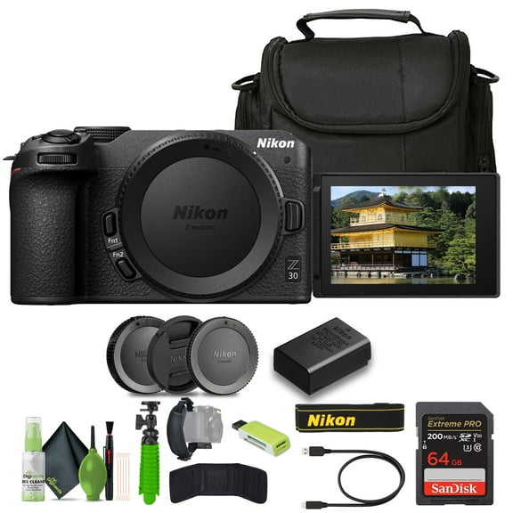 Nikon Z30 Lightweight Mirrorless Camera   Soft Case   Cleaning Kit   Memory Card Wallet   Extreme PRO 64GB Card   Card Reader   Hand Strap   12 Inch Flex Tripod