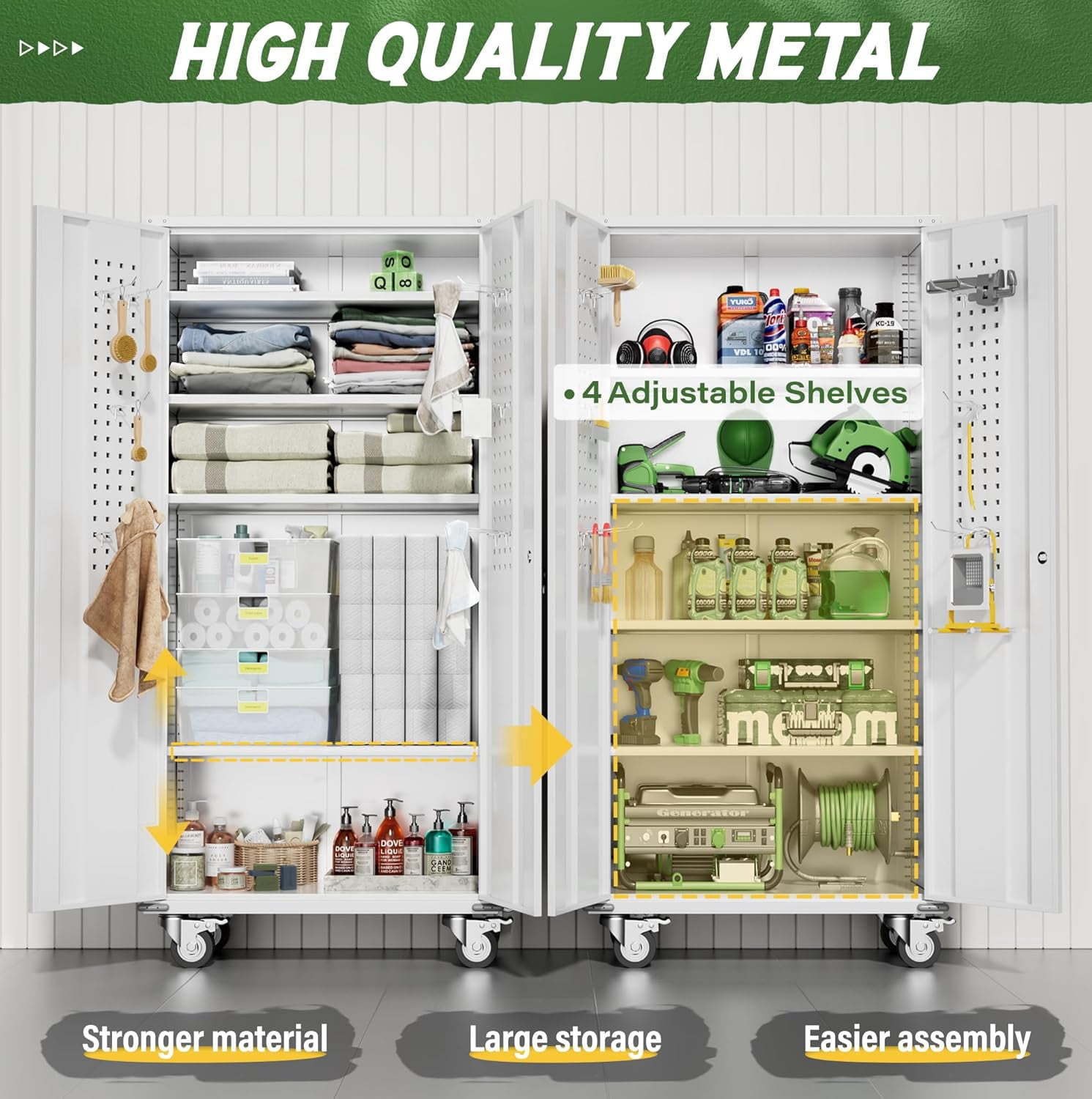 SUNCROWN Metal Storage Cabinet with Wheels,72” White Garage Storage Cabinet with Pegboards and Wheels, Rolling Tool Cabinet with Locking Doors and Shelves for Home,Basement, Kitchen Pantry,Warehouse