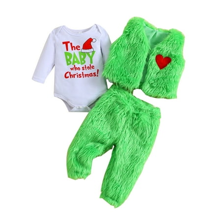 

Morttic Baby Girl Outfits Toddler Christmas Print Romper Overalls Set Crew Neck Furry Waistcoat Pants Three-Piece Set