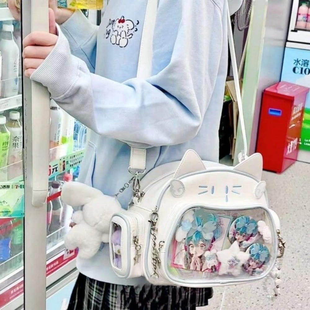MMYGU Japanese Kawaii Bag Cat Ita Bag Cute Bags Pin Display Backpack Crossbody Purse for Women Y2K Shoulder Bag (Brown)