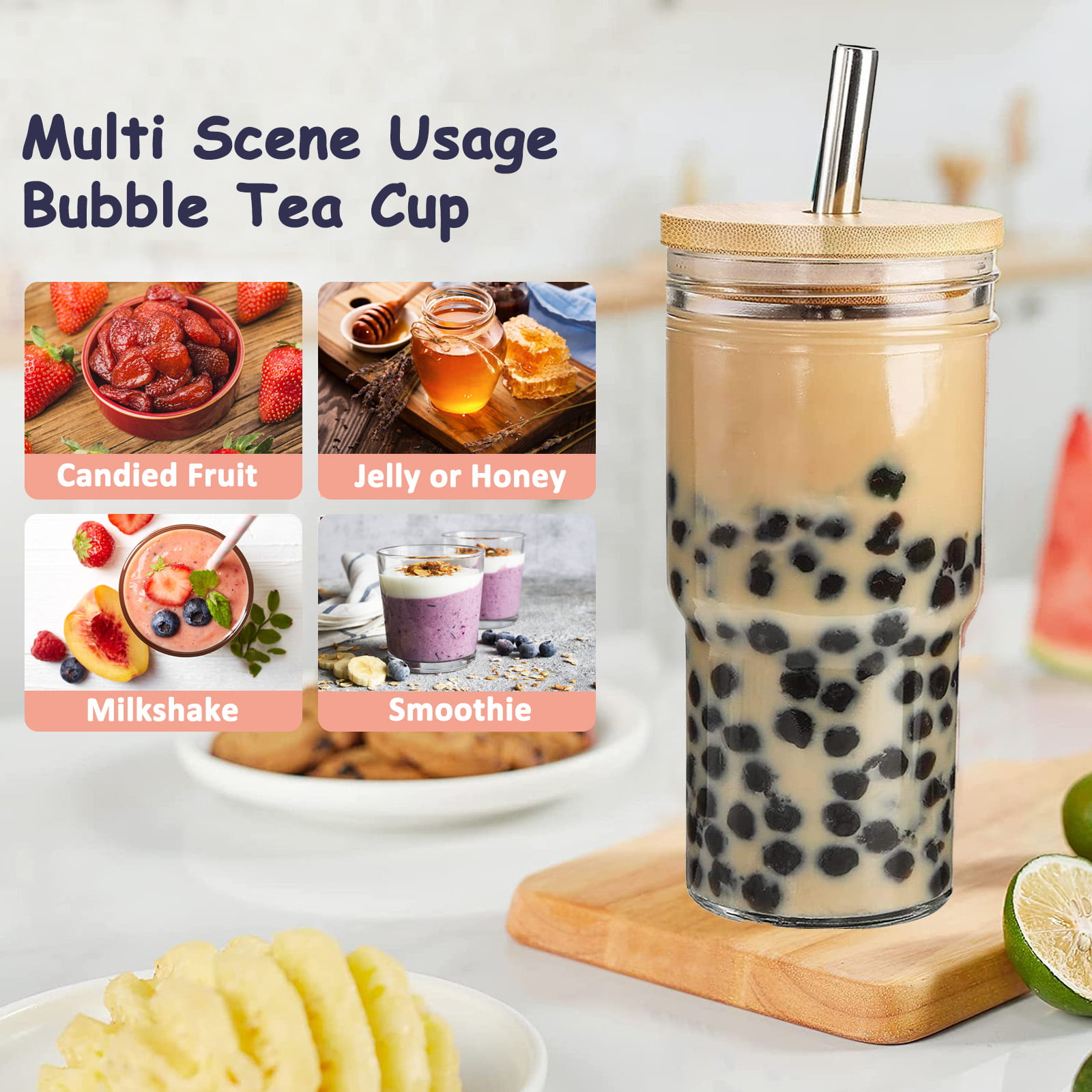 Reusable Boba Cup Bubble Tea Cup 4 Pack, 24Oz Wide Mouth Smoothie Cups