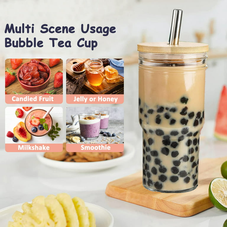  Boba Cup,Reusable Bubble Tea Cup,Glass Cups Set,4 PCS Mason Jar  Cups with Lids and Straws& 4 Airtight Lids,22oz Diamond Texture Wide Mouth  Iced Coffee Tumbler,Reusable Smoothie Cups,Smoothie, gift : Home 