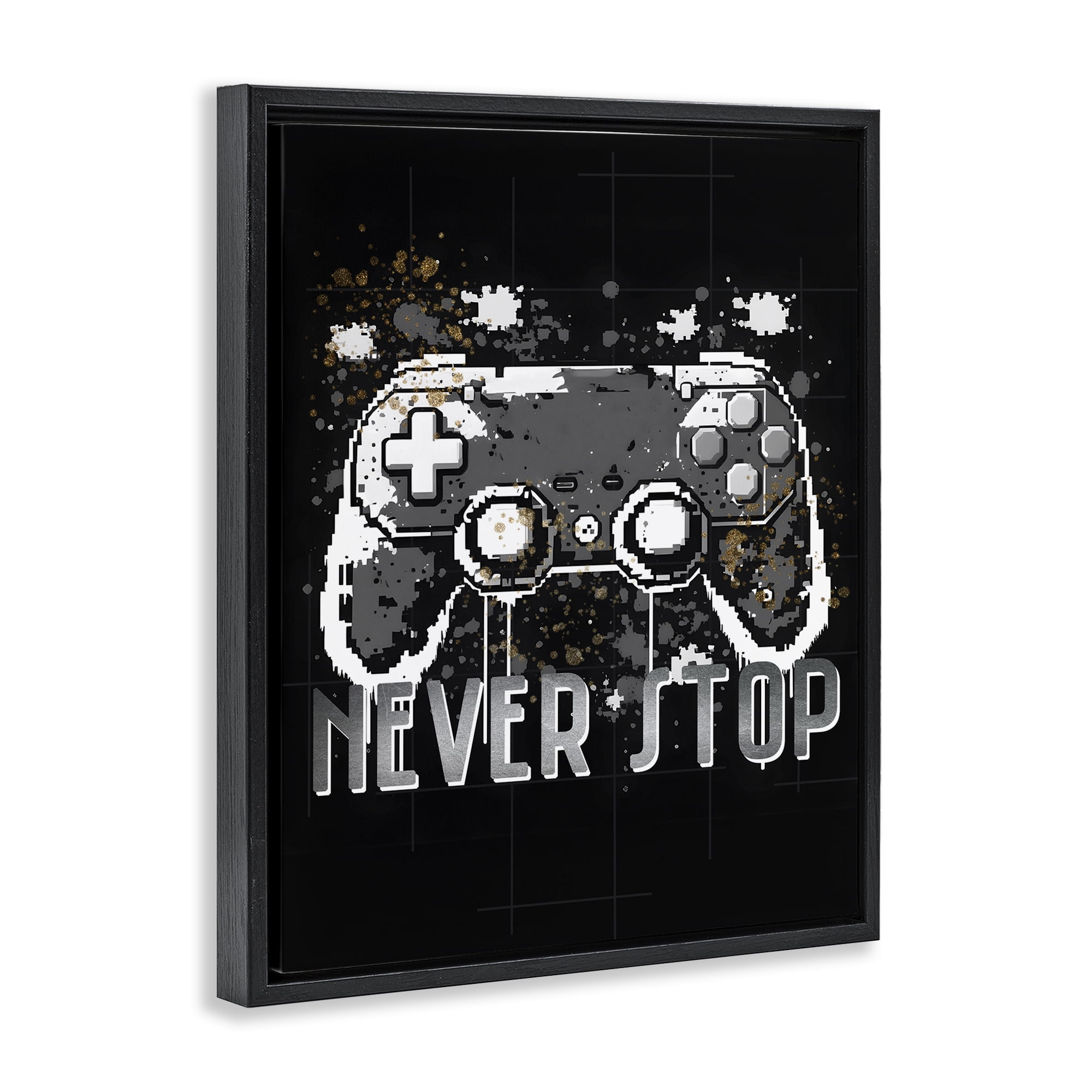 Stupell Industries Never Stop Game Controller Entertainment Painting Black Floater Framed Canvas Art Print Wall Art, 25 x 31